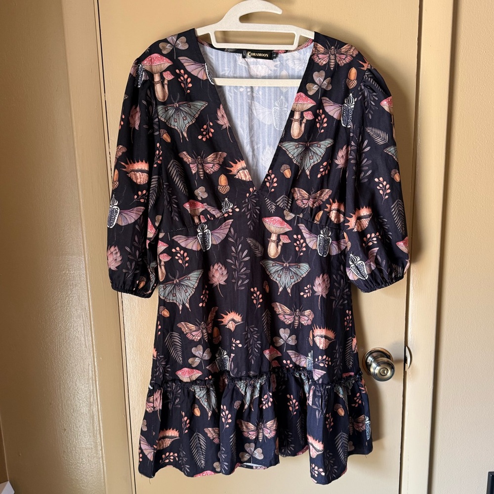Coramoon Moths In Fungis Paradise Printed V-neck Mini Dress Size Large